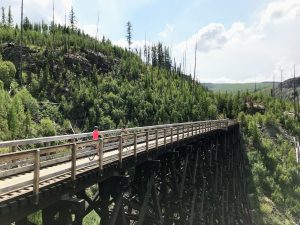 Een oude houten spoorwegbrug bij Myra Canyon in Canada